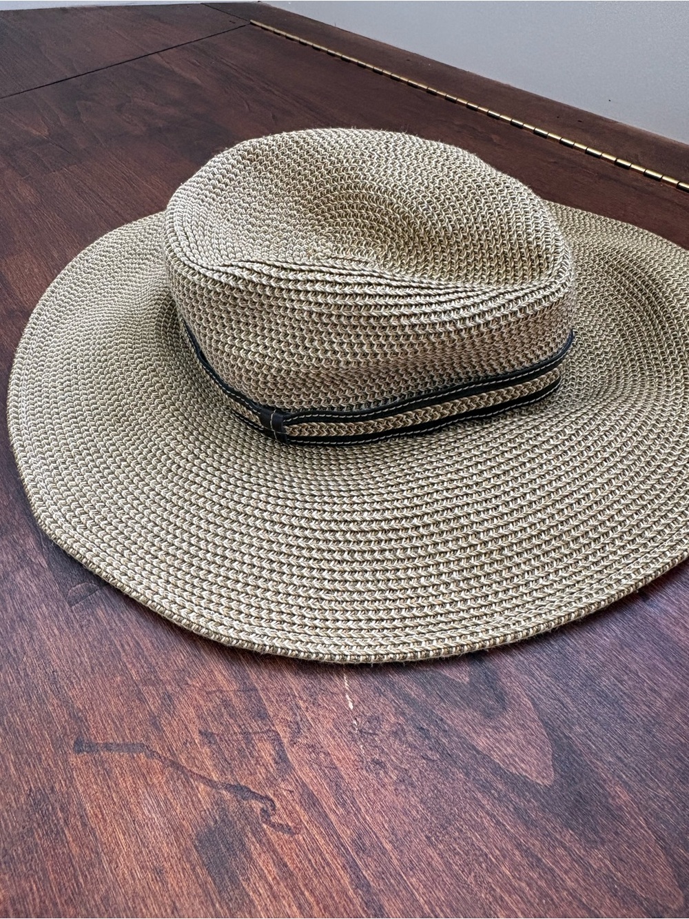 Nine West Tan Wide-Brim Straw Sun Hat with Black Trim